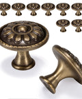 Antique Brass Cabinet Knobs 10 Pack Solid Zinc Alloy Vintage Drawer Knobs For Dresser Nightstands, 1.25 Inch Diameter, flower design
