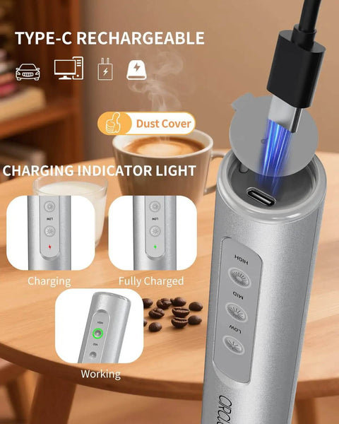 Top Drawer Rechargeable Handheld Milk Frother Wand With Three Adjustable Speed Levels And Solid Stainless Whisks For Silky Latte Foam And Quicker Batter Mixing Comes With Nifty Storage Case In Sleek Silver showing USB-C charging port and indicator lights.