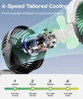 Close-up of Portable Misting Clip On Fan With USB C Rechargeable Battery showcasing internal mechanism and 4 speeds.