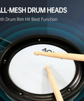 Close-up of all-mesh drum head with sticks, part of Electric Drum Set With Quiet Mesh Pads For Beginners USB MIDI Ready Kit.