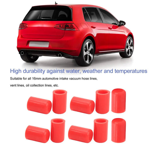 Get Your Ride Looking Fresh With These 10 Pack Silicone Intake Vacuum Hose Covers Designed For All Cars, Featuring High Durability And A Perfect Fit For Standard 16mm Vent Lines To Keep Oils Off And Engine Parts Clean While You Drive In Style. Red silicone 16mm hose covers for automotive vent lines, shown with car and 10-pack set