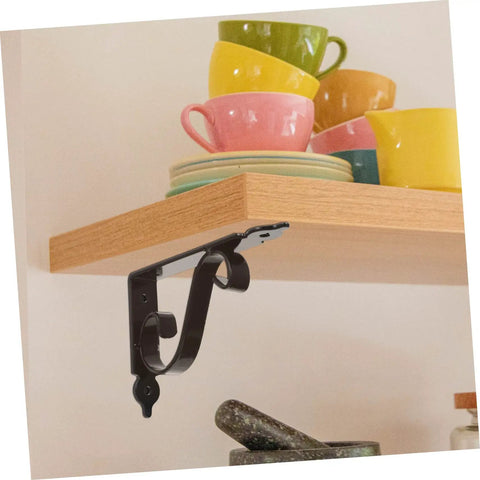 Heavy Duty Iron Triangle Shelf Brackets Black Metal Corner Supports 4 Pack mounted under wood shelf with colorful cups.