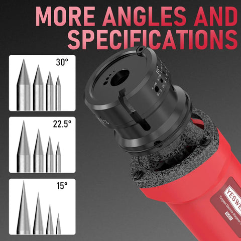 Close-up of Electric TIG Tungsten Electrode Sharpener And Grinder For Welding showing three angle options: 15°, 22.5°, 30°.