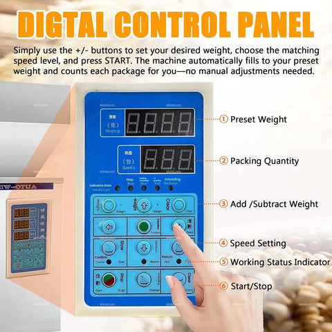 Digital control panel of Automatic Digital Filling Machine With Precision Scale And Foot Pedal For Coffee Beans Seeds Powder Packaging.