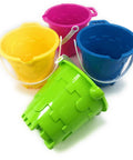 4 Pack 7 Inch Castle Sand Buckets With Easy Pour Spout And Handle In Blue, Pink, Green And Yellow, Plastic Beach Sandcastle Molds