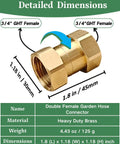 Heavy Duty Brass Garden Hose Female To Female Adapter For Leak Proof Connections, Double Female Three Quarter GHT Connector For Sprinklers, Irrigation, RV And Pool Use, Fits Most Hoses With Precision Threads, 3/4 GHT female