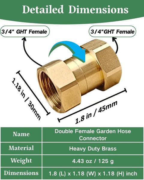 Heavy Duty Brass Garden Hose Female To Female Adapter For Leak Proof Connections, Double Female Three Quarter GHT Connector For Sprinklers, Irrigation, RV And Pool Use, Fits Most Hoses With Precision Threads, 3/4 GHT female