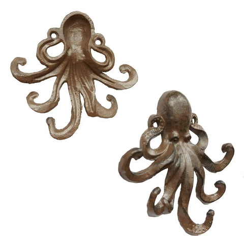 Heavy Duty Cast Iron Octopus Wall Hooks With Sleek Nautical Vibes And Aged Dark Brown Finish For Hanging Coats Keys Towels And Gear Built Like A Tank With Real Antique Charm That Truly Pops, side view.