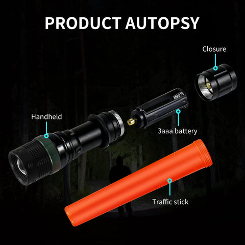 4 Pack 11-Inch Traffic Wand LED Flashlight With 7 Red Flash Modes exploded view showing components and orange wand