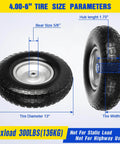13 Inch Flat Free Wheelbarrow Tire 4.00 6 Heavy Duty With Universal Solid Tire And Five Eighth Inch Bearing Plus Three Quarter Inch Bearing Kit Replacement Wheel For Wheelbarrow Hand Truck Garden Includes Adapter Kit, showing dimensions and load capacity