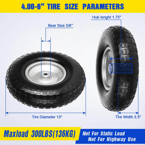 13 Inch Flat Free Wheelbarrow Tire 4.00 6 Heavy Duty With Universal Solid Tire And Five Eighth Inch Bearing Plus Three Quarter Inch Bearing Kit Replacement Wheel For Wheelbarrow Hand Truck Garden Includes Adapter Kit, showing dimensions and load capacity