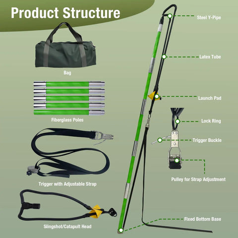 Arborist Slingshot Throw Line Rope Launcher With Trigger For Adults components, including fiberglass poles and steel y-pipe.