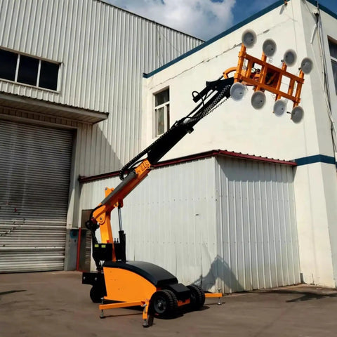 Professional Electric Glass Vacuum Lifter Heavy Duty Suction Cup Hoist with adjustable grips lifting large panels outside.
