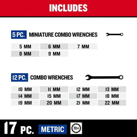 Image showing 17 pc. metric miniature and combo wrenches included in Wrench Set 32-Piece SAE And Metric With 12-Point Box End.