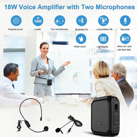 Bluetooth Voice Amplifier With Lapel Mic And Headset Microphone Pack, 18W IPX5 Waterproof Portable PA System in use during presentation