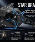 Heavy Duty Wide Frame Baitcasting Reel With Adjustable Ten Magnet Brake And Forty Pound Max Drag showcasing star drag adjustment knob for easy tuning.
