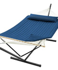12Ft Double Hammock With Stand For Two People Rope Or Padded Bed Detachable Pillow Portable Anti Tip Ropes Navy Blue