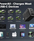PowerAll USB-C charger with various Greenworks batteries and compatible devices like MacBook Pro, iPhone, AirPods, and Apple Watch.
