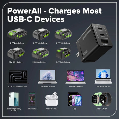 PowerAll USB-C charger with various Greenworks batteries and compatible devices like MacBook Pro, iPhone, AirPods, and Apple Watch.