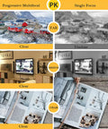 Comparison of Progressive Multifocal and Single Focus lenses showing clear vision at far, medium, and near distances for safety glasses.