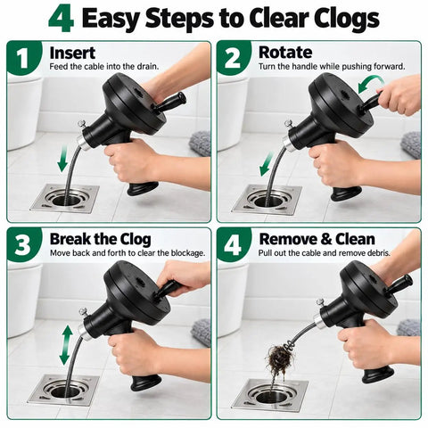 4 steps to use Professional Grade 25ft Manual Drain Auger And Drain Snake With Gloves for stubborn clogs in sinks and tubs.