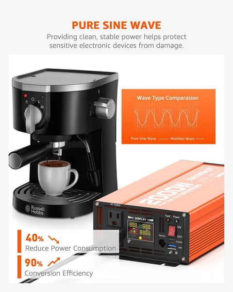 Heavy Duty 2000W Pure Sine Wave Inverter For RV And Truck Off Grid Solar Power On The Go 12V To 110V Converter with coffee maker