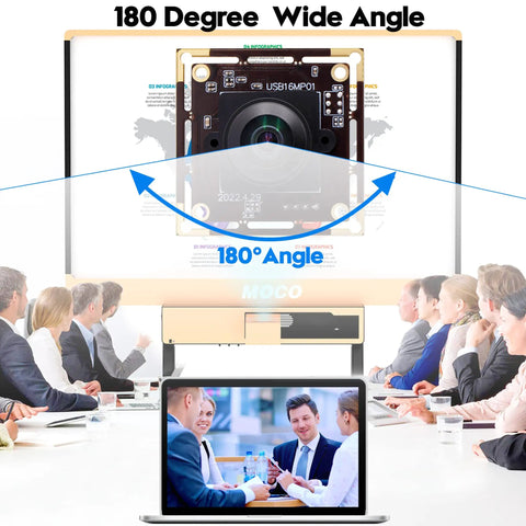16MP Wide Angle USB Camera Module With 180 Degree Fisheye Lens for Linux Windows Android Mac, shown in a meeting setup