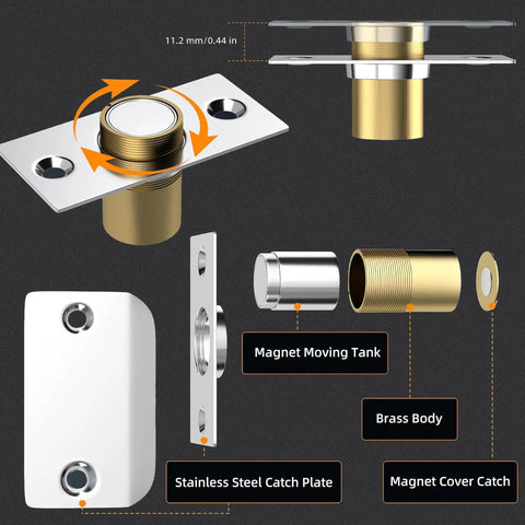 Magnetic Door Catch 2 Pack Adjustable Cabinet Magnets For Smooth Slam Free Closure assembly with stainless steel and brass components