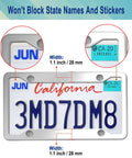 2 Pack Heavy Duty Stainless Steel License Plate Frame Mirror Polished Front And Rear Car Tag Holder With Screws And Chrome Caps Rustproof Metal Construction, highlighting frame not blocking state names and stickers