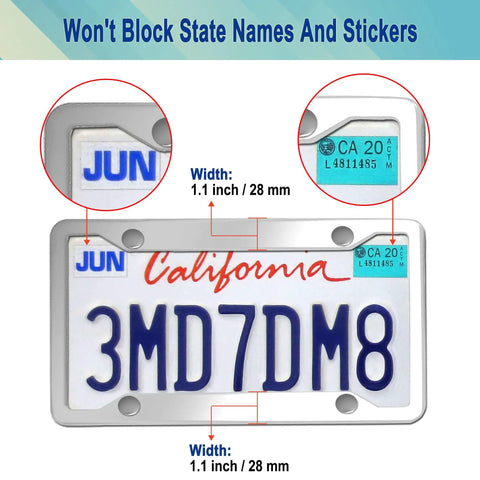 2 Pack Heavy Duty Stainless Steel License Plate Frame Mirror Polished Front And Rear Car Tag Holder With Screws And Chrome Caps Rustproof Metal Construction, highlighting frame not blocking state names and stickers