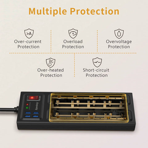 Heavy Duty Power Strip Surge Protector With 10 Wide Outlets And 4 USB Ports showing internal safety features