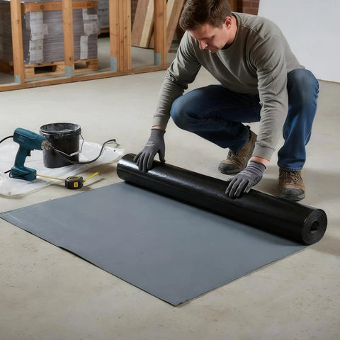 Man installing Self Adhesive Waterproof Roofing Roll Self Stick Rubber Membrane For House Dormer And Metal Roofs Tough As Nails Leak Stopper.