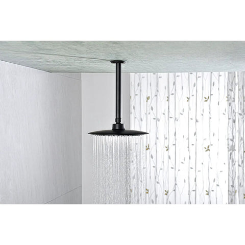 Slick Matte Black 8 Inch Ceiling Mounted Shower Arm With Flange For Rain Shower Head shown installed in modern bathroom