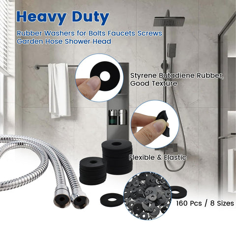 Flat Rubber Washers Set 160 Pcs 8 Sizes 10 To 30mm Heavy Duty Black Rubber Washers for plumbing, shown in shower setting.