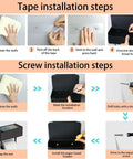 Tape and screw installation steps for Stainless Steel Toilet Paper Holder With Shelf And Hidden Wipes Dispenser SUS304.