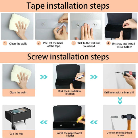 Tape and screw installation steps for Stainless Steel Toilet Paper Holder With Shelf And Hidden Wipes Dispenser SUS304.