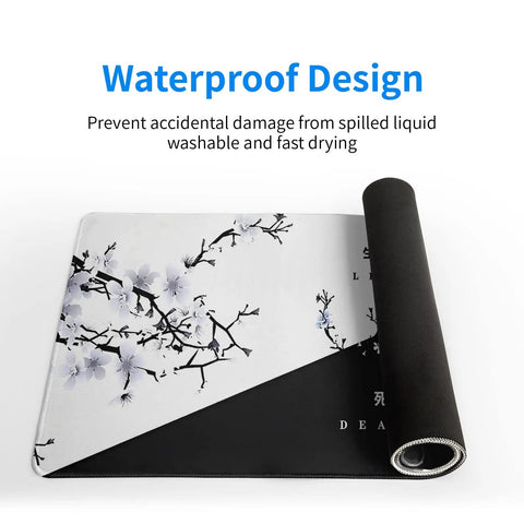 Extended Black And White Sakura Cherry Blossom Desk Pad For Gaming Office Or Home Setup, 31.5 By 11.8 Inches, rolled corner