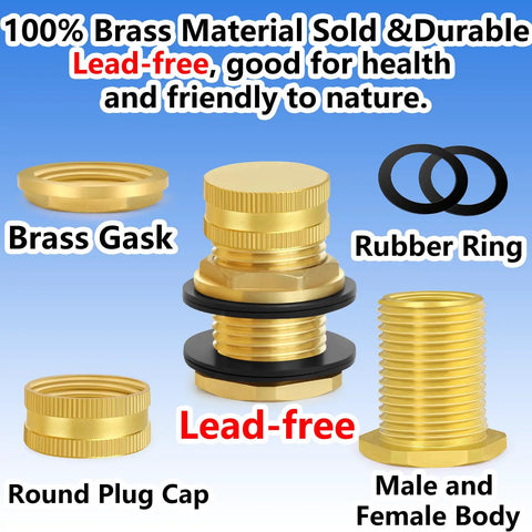 All Brass Garden Hose Bulkhead Fitting With Plug Half Inch Female NPT Three Quarter Inch Male GHT Thread for Tanks