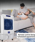 No Fuss Portable Evaporative Air Cooler, 3 Speed Swamp Cooler With Digital Timer And Deep Water Fill Tank in a living room setting.