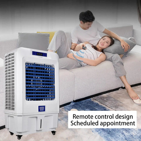 No Fuss Portable Evaporative Air Cooler, 3 Speed Swamp Cooler With Digital Timer And Deep Water Fill Tank in a living room setting.