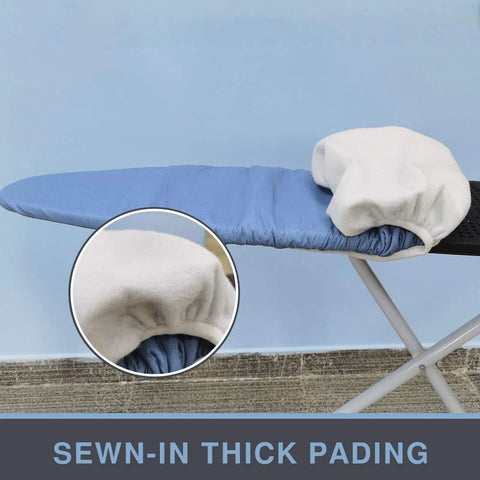 Blue ironing board cover and pad with thick padding and elastic edge for standard size 13-15x53-54 inch, focus on sewn-in details