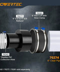 Diagram displaying 6 inch Clear PVC Dust Collection Pipe, connectors, and fittings for dust systems. Includes reducer and clamp.