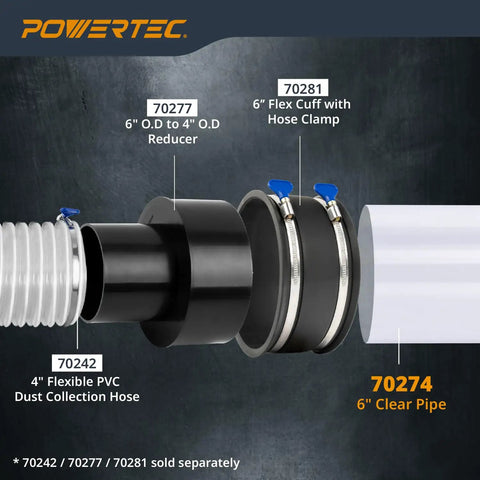Diagram displaying 6 inch Clear PVC Dust Collection Pipe, connectors, and fittings for dust systems. Includes reducer and clamp.