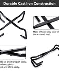 8 Inch Cast Iron Folding Dutch Oven Lid Stand For Campfire Cooking showing black steel construction and folding design