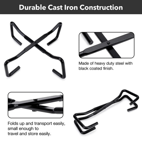 8 Inch Cast Iron Folding Dutch Oven Lid Stand For Campfire Cooking showing black steel construction and folding design