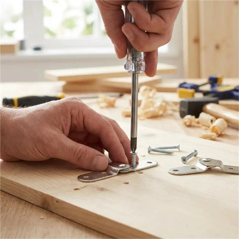 Hand installing Dead Simple Install Iron Folding Table Hinge Chicken Beak Furniture Hardware on wooden surface.