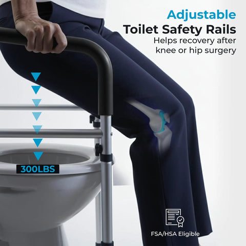 Adjustable Toilet Safety Rails With Hella Tough Handles Builds Rock Solid Support Structure for Elders and Disability Needs Supplies Badass Weight Capacity and Gnarly Anti Slip Texture Secures Your Daily Flush Routine in Black, showing user gripping rails.