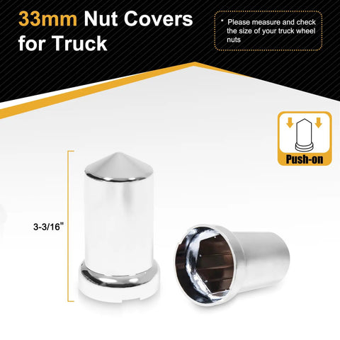 33mm Lug Nut Covers Bullet Flanged ABS Chrome Plastic Push On Nut Cover Caps For Semi Trucks 60 Pack Rust Resistant Finish