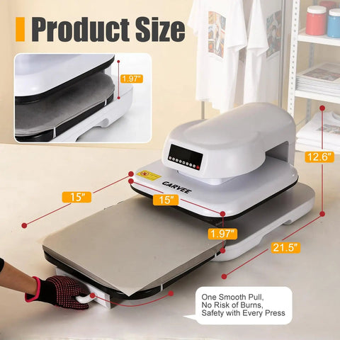 EcoSummer Automatic Electric Heat Press Machine With Digital Control Panel For Custom T Shirt Printing Portable Heat Transfer Design Tool Easy Use Precision Temperature And Time Settings showing dimensions of 15x12.6 inches.
