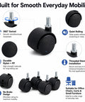 Four Pack Threaded Stem Caster Wheels With 360 Degree Swivel Twin Rollers And No Brakes Nylon Replacement Casters close-up view showcasing durable design.